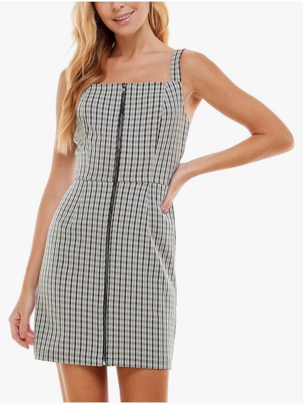 NWT Kingston Grey Sleeveless Plaid Mini Jumper Dress Square-Neck